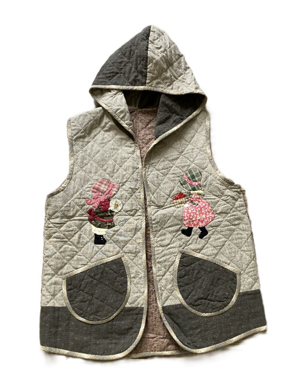 Quilted Patchwork Vest with Hood & Pockets Hand Made Prairie Girl Appliques